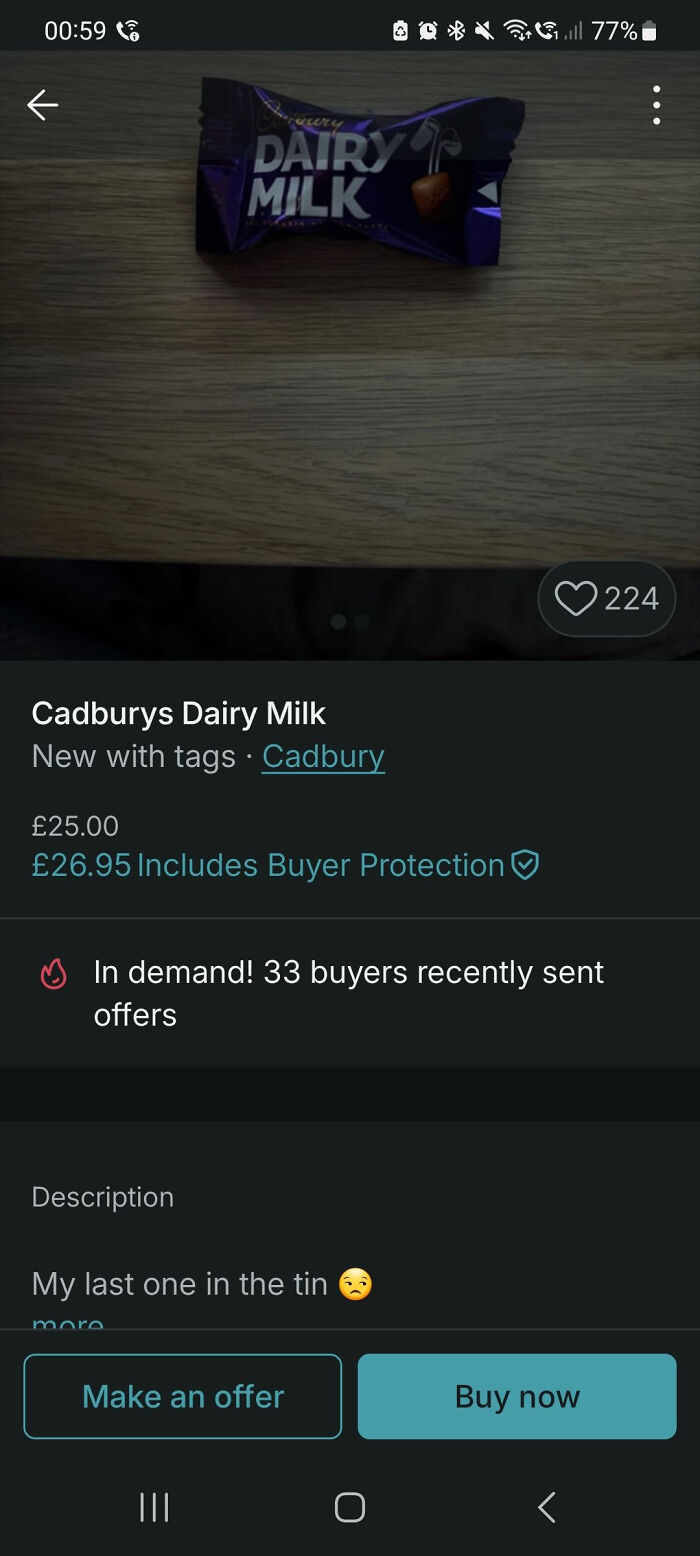 Single Cadbury Dairy Milk chocolate listed on Vinted, showing price, demand, and buyer offers on the marketplace.
