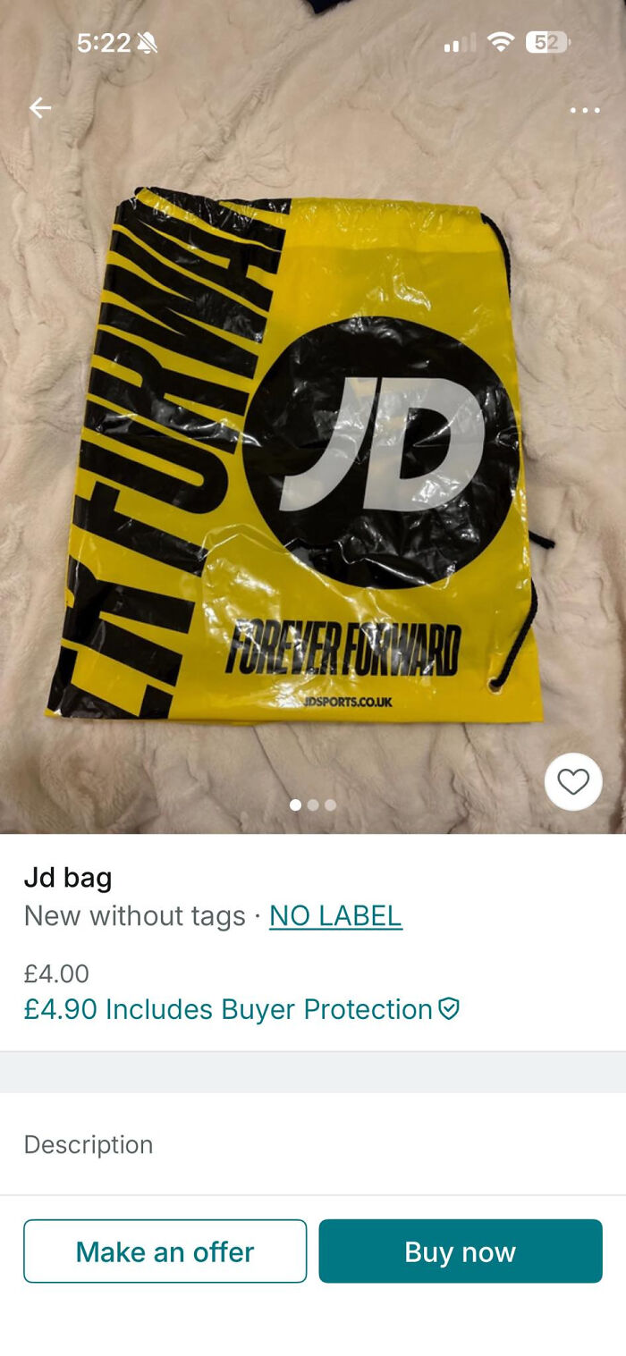Yellow and black JD bag listed on Vinted, shown on a soft beige surface with price and buying options visible.