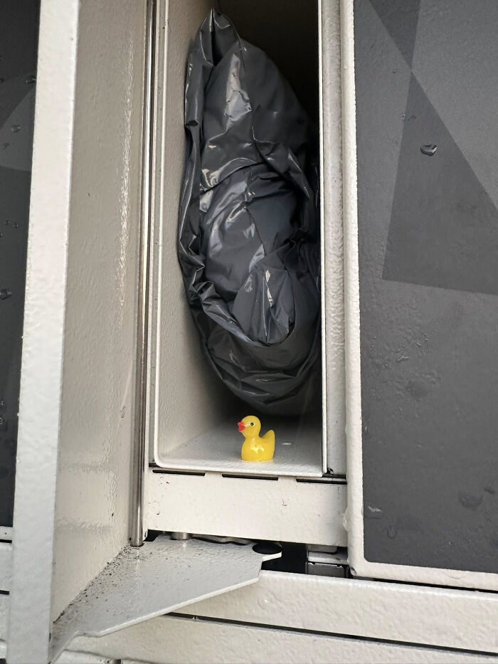 Small yellow rubber duck inside a metal locker with a black plastic bag, part of unhinged Vinted posts making people do a second take.
