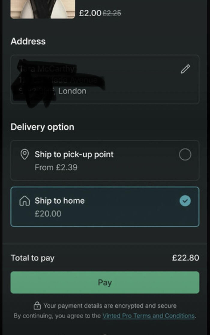 Checkout screen on Vinted showing delivery options with an unreasonably high £20 shipping fee for shipping to home.