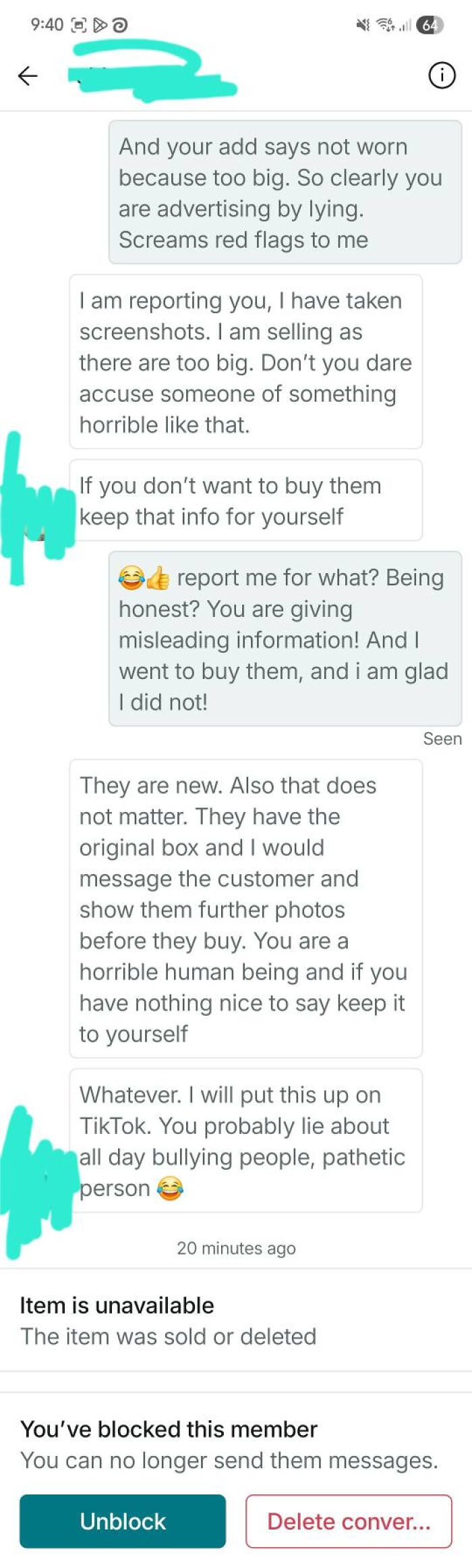 Screenshot of an unhinged Vinted conversation showing a heated dispute between buyer and seller over item condition.