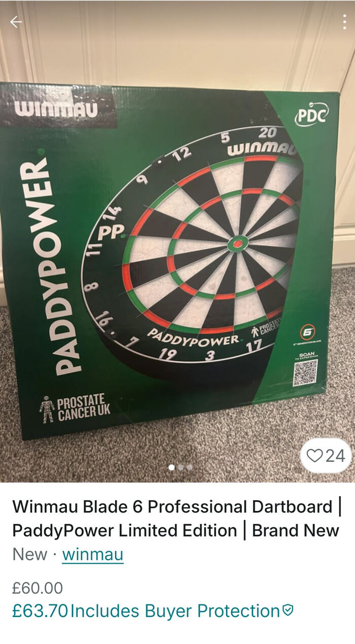 Limited edition PaddyPower dartboard in green packaging, featured in unhinged Vinted posts that caught attention online.