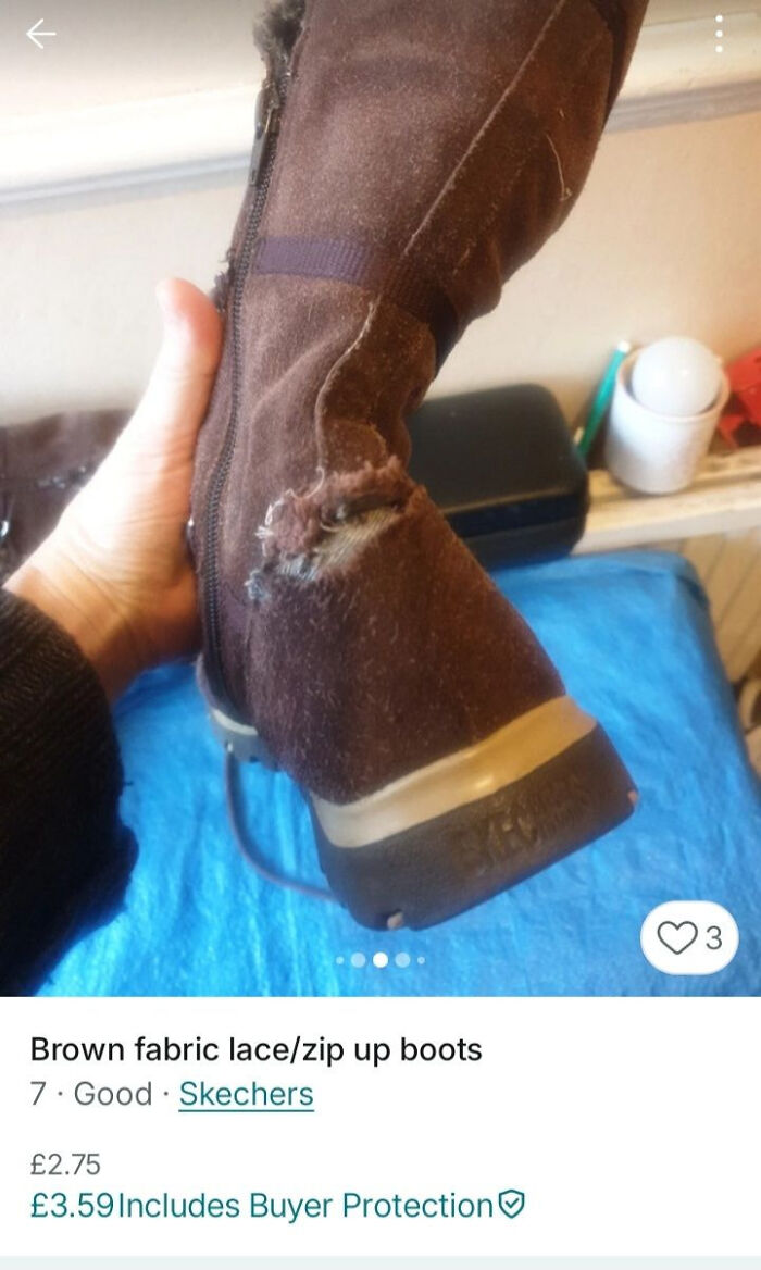 Worn brown fabric Skechers boots with visible hole and zipper, featured in unhinged Vinted posts causing second take.