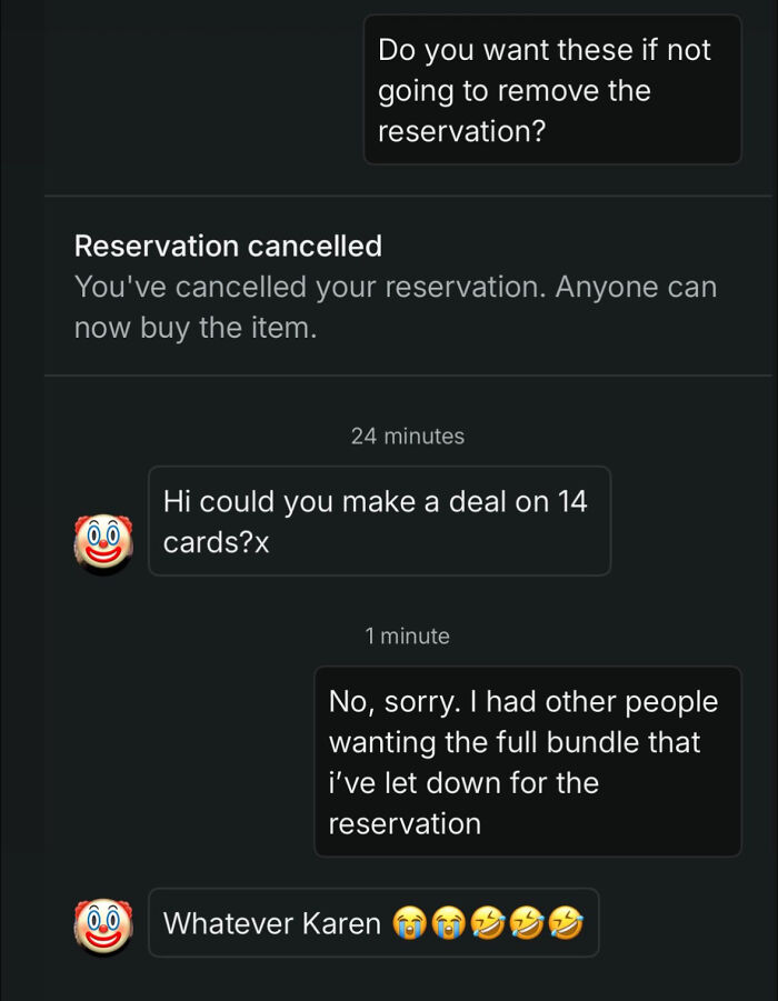 Chat conversation on Vinted showing a buyer asking for a deal on cards and a seller declining due to reservation issues.