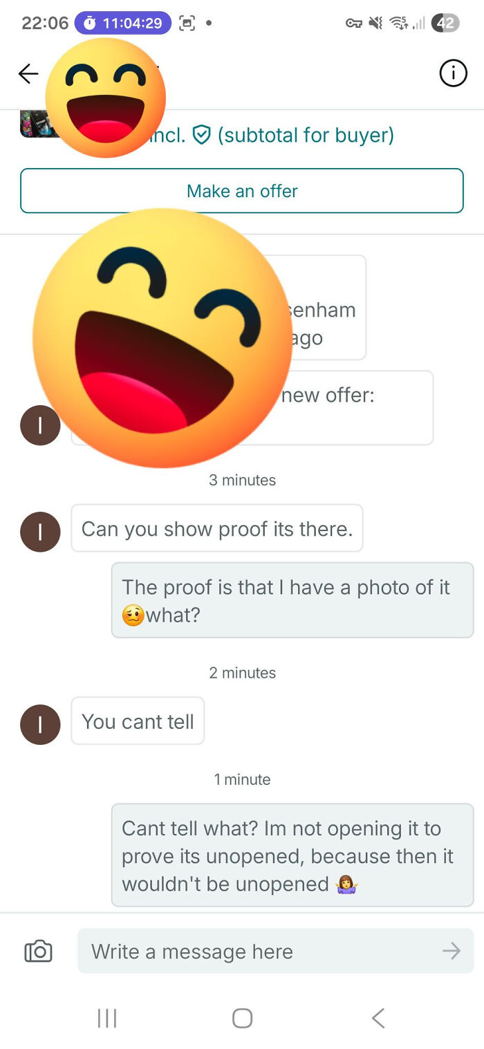 Chat conversation on Vinted showing a buyer and seller debating proof of an unopened item in a humorous exchange.