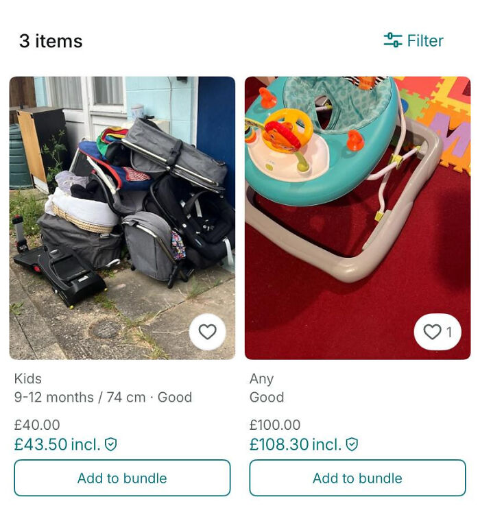 Unusual Vinted posts showing a chaotic pile of baby gear and a brightly colored baby walker on a red carpet.