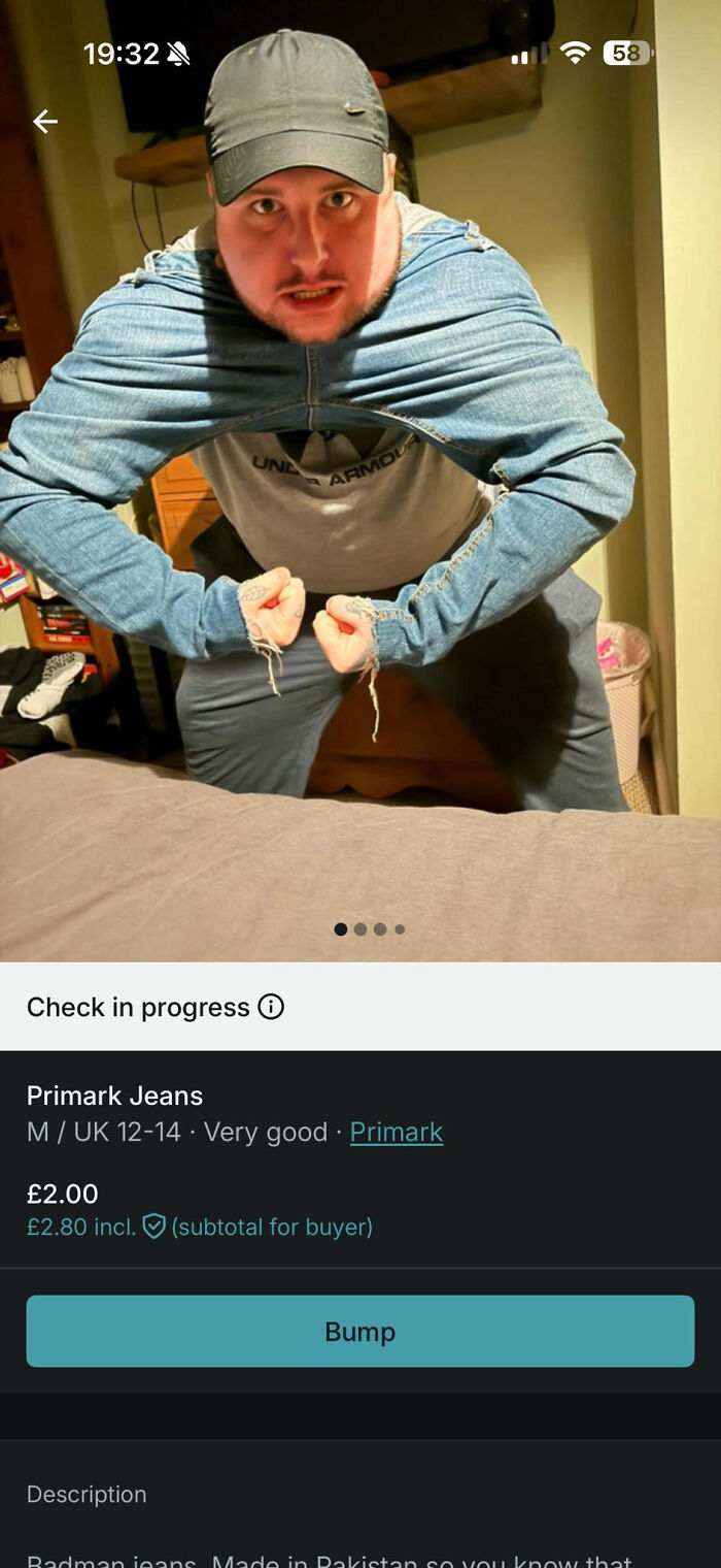 Man wearing jeans as a top in unhinged Vinted post showing unusual clothing use for sale listing.