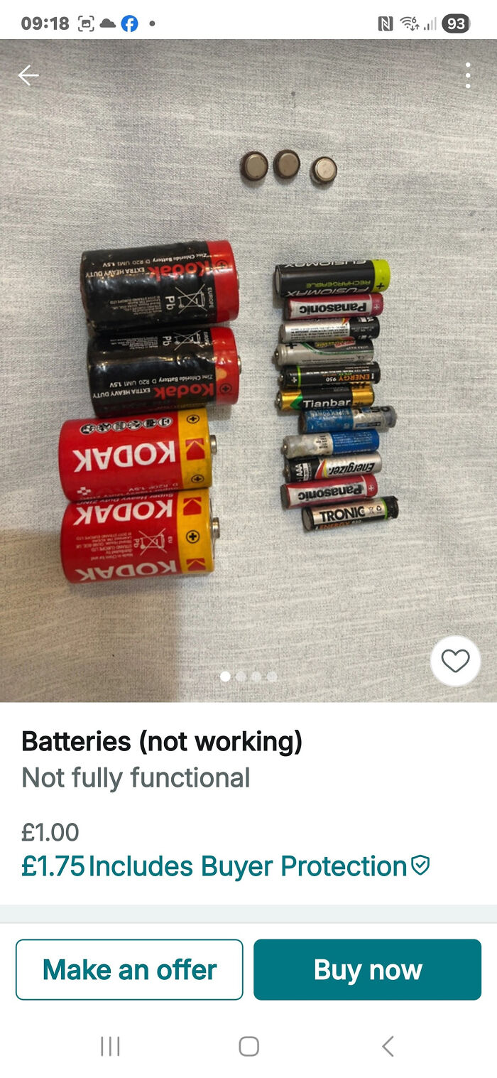 Various used and non-working batteries displayed in a Vinted listing, highlighting unhinged Vinted posts humor.