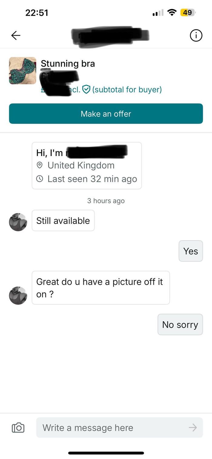 Chat conversation on Vinted with buyer asking for a picture of a bra listing, seller replies no.