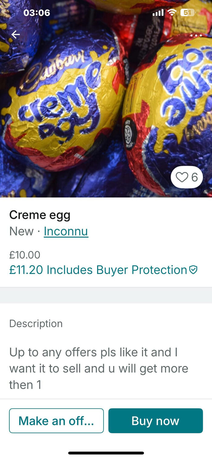 Close-up of Cadbury Creme Egg listings with colorful foil wrappers on a Vinted app unhinged post.