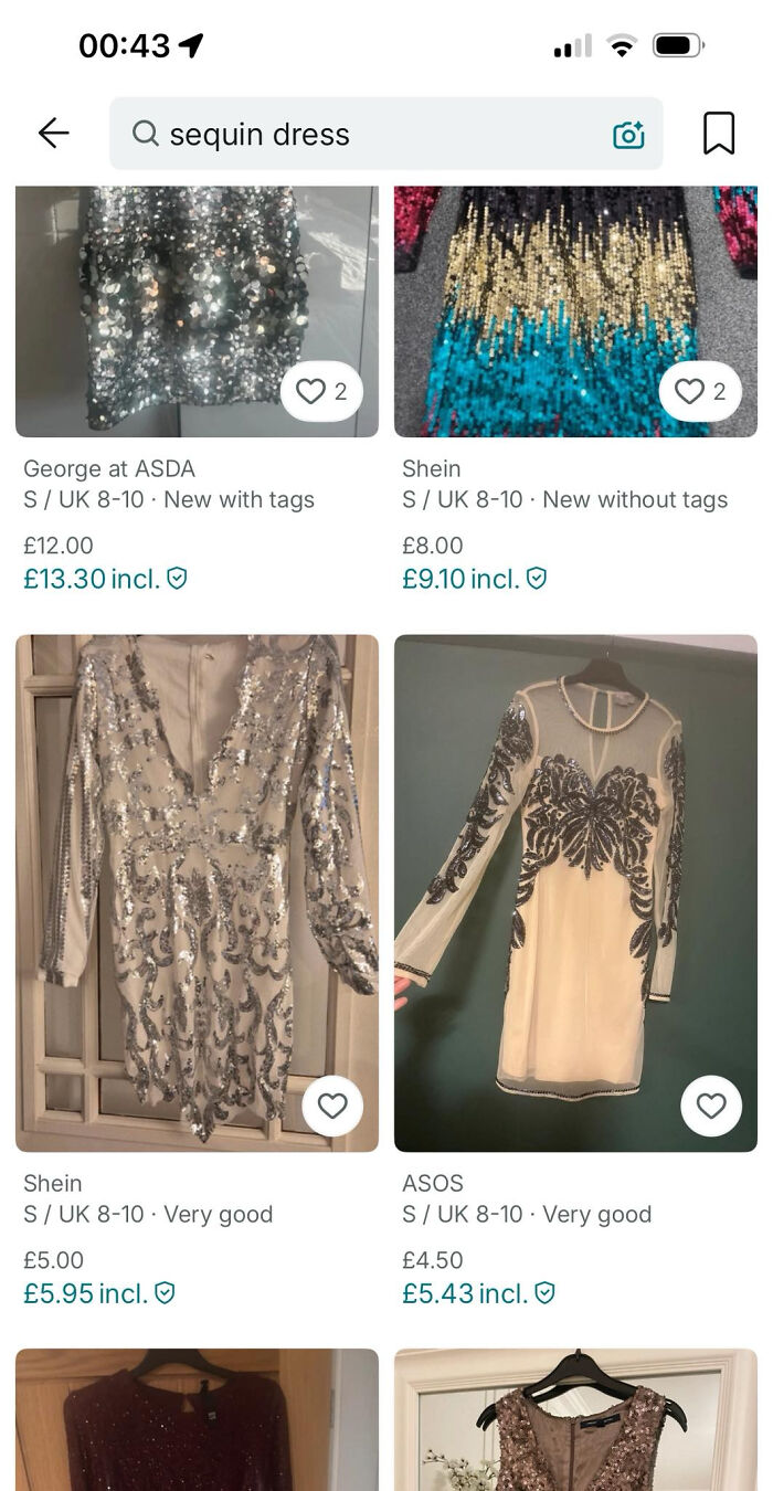Screenshot of Vinted listings showing various sequin dresses for sale in different styles and conditions.