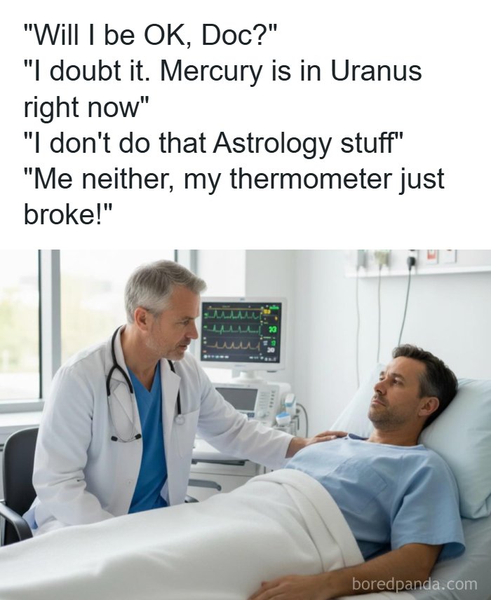 Dad jokes tweet with a funny astrology pun, showing a doctor talking to a patient in a hospital room.