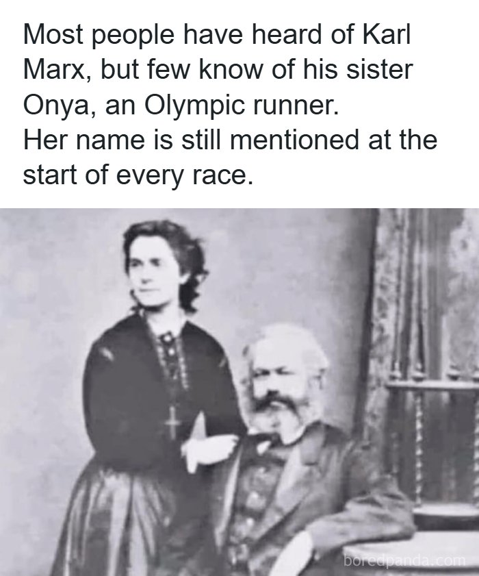 Dad joke from a popular account with a vintage photo of Karl Marx and a woman, featuring a pun on Olympic races.