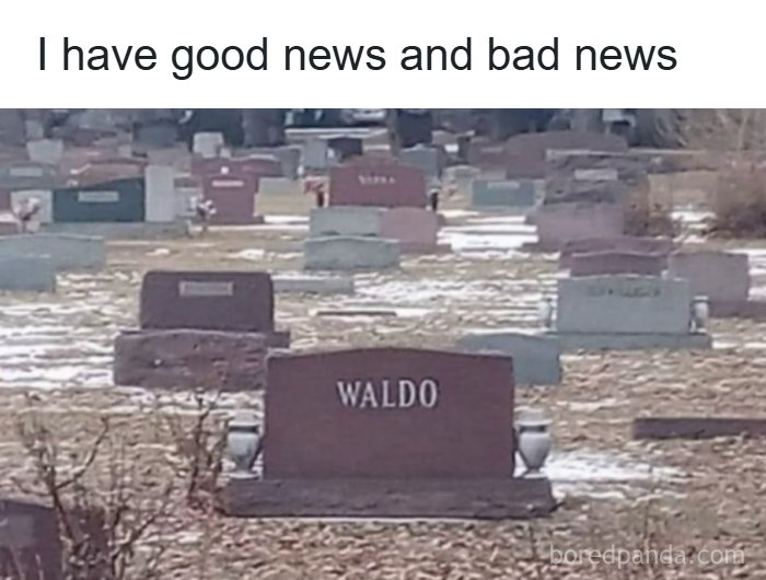 Dad jokes tweet showing a cemetery with a gravestone labeled Waldo, illustrating a funny dad joke.