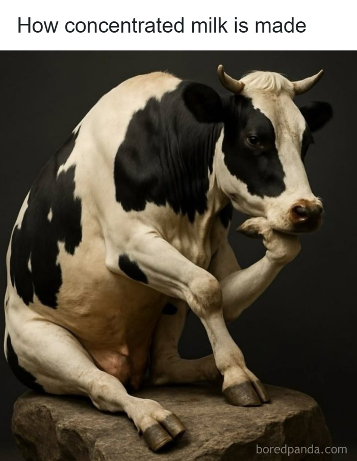 Cow sitting like a human, illustrating a funny dad joke about how concentrated milk is made from this dad jokes account.