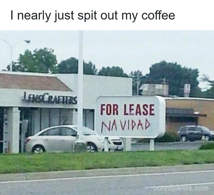 Sign outside a business reads for lease with navidad added, illustrating one of the funniest dad jokes from this account.