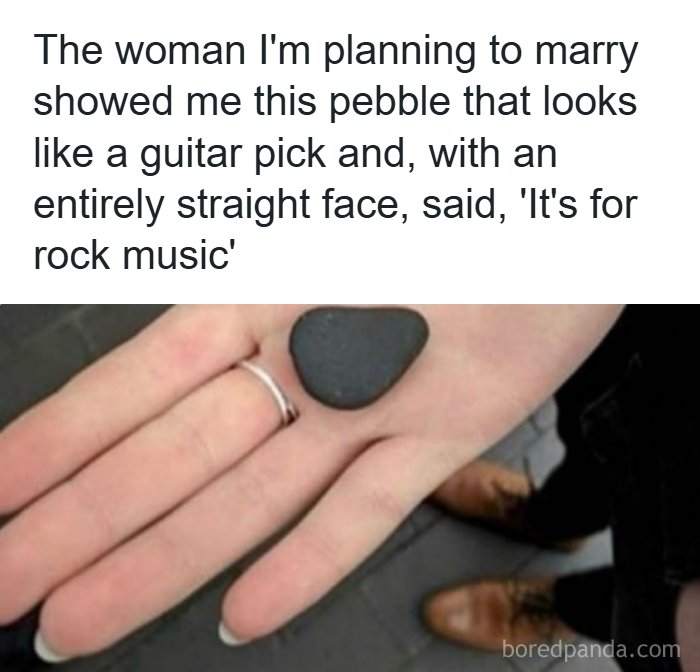 Hand holding a pebble shaped like a guitar pick with a dad joke about rock music from a dad jokes account.