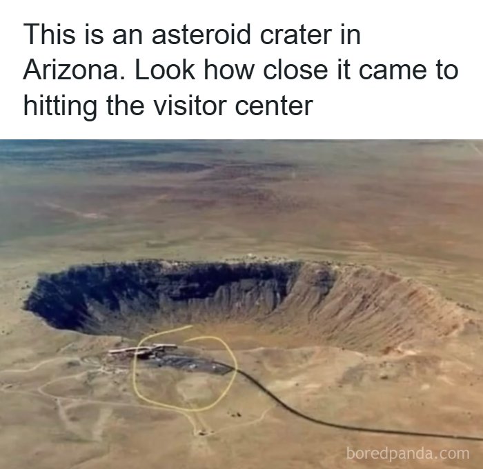 Aerial view of an asteroid crater in Arizona showing how close it came to hitting the visitor center dad jokes.