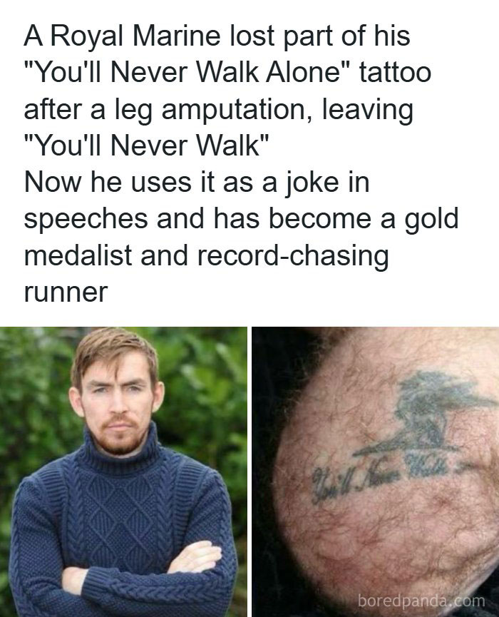 Man with a tattoo reading "You'll Never Walk" after leg amputation, featured in funniest dad jokes from dedicated account.
