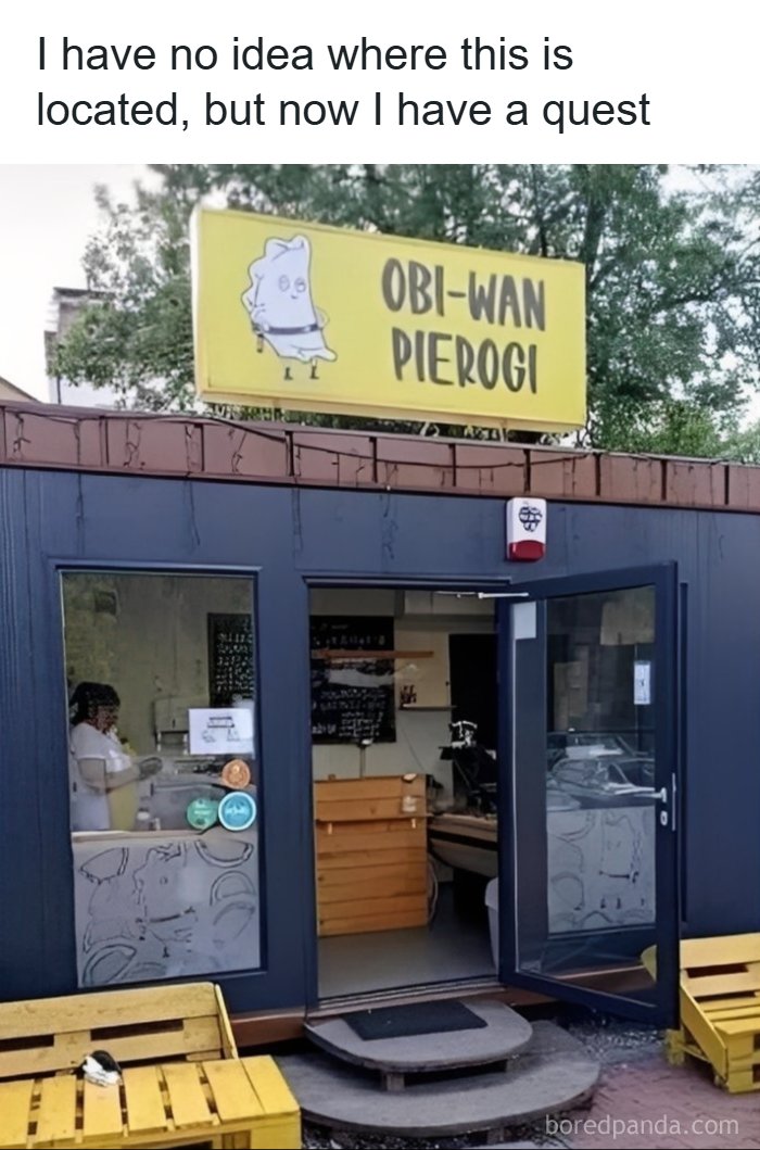 Hilarious Eastern Europe meme showing Obi-Wan Pierogi food stand with a playful pierogi cartoon on signboard.