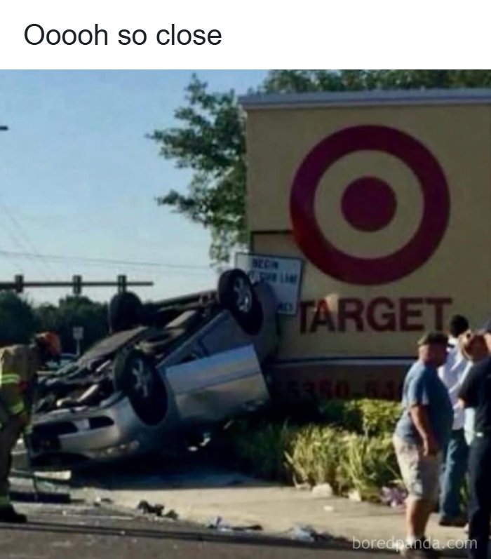 Car flipped upside down near a Target store sign with bystanders and a firefighter, illustrating a funny dad joke scene.