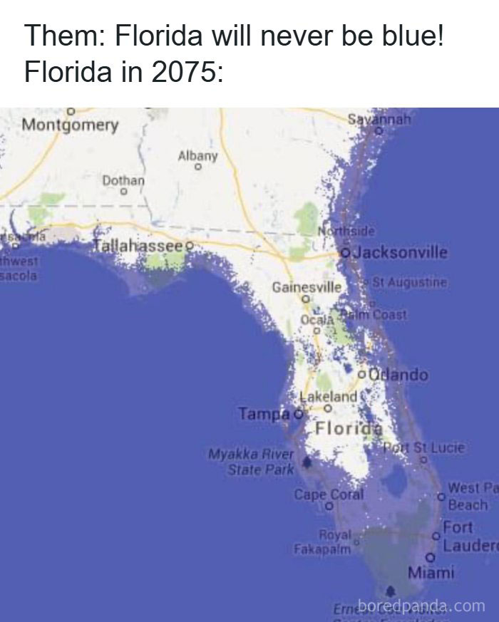 Map showing Florida with rising sea levels flooding coastal areas, illustrating a weird math problem scenario.
