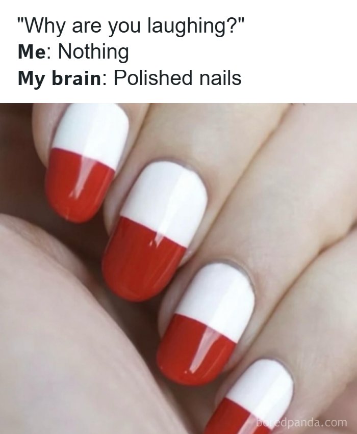Polished nails with red and white tips illustrating a dad joke about laughing and thinking of dad jokes.