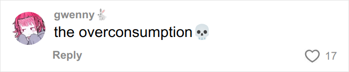 Comment on social media reading the overconsumption with a skull emoji, related to Christmas gift haul for daughter backlash. Comment on social media reading the overconsumption with a skull emoji, related to Christmas gift haul for daughter backlash.