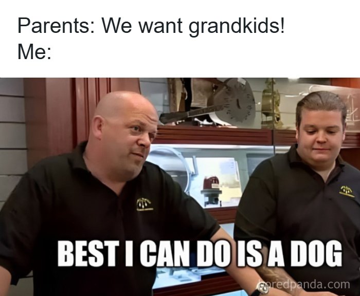 Man in black shirt talking to younger man, meme text about grandkids, humor related to growing up in Eastern Europe.