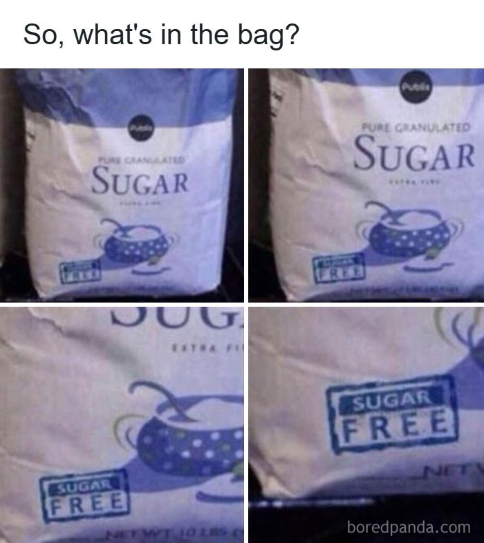 Bag of pure granulated sugar with a funny label reading sugar free shown in a four-panel dad joke format.