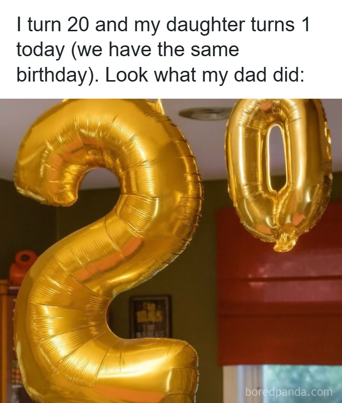 Gold balloons shaped like numbers 2 and 0 celebrating a shared birthday in a funny dad jokes post.