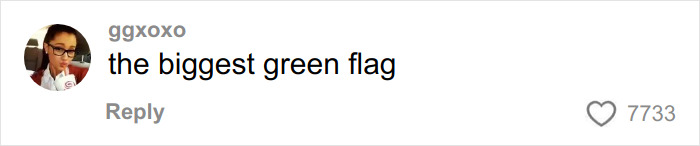 Screenshot of a social media comment reading the biggest green flag with a profile picture and 7733 likes. Screenshot of a social media comment reading the biggest green flag with a profile picture and 7733 likes.