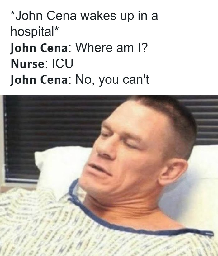 Man in hospital gown telling a funny dad joke about ICU, part of the funniest dad jokes collection on social media.