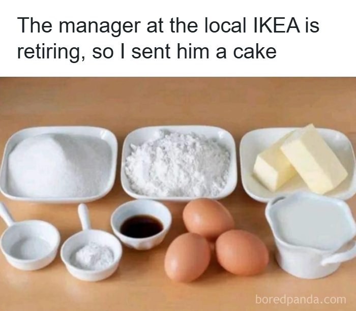 Ingredients for a cake laid out, illustrating a dad joke about sending a cake to a retiring IKEA manager.