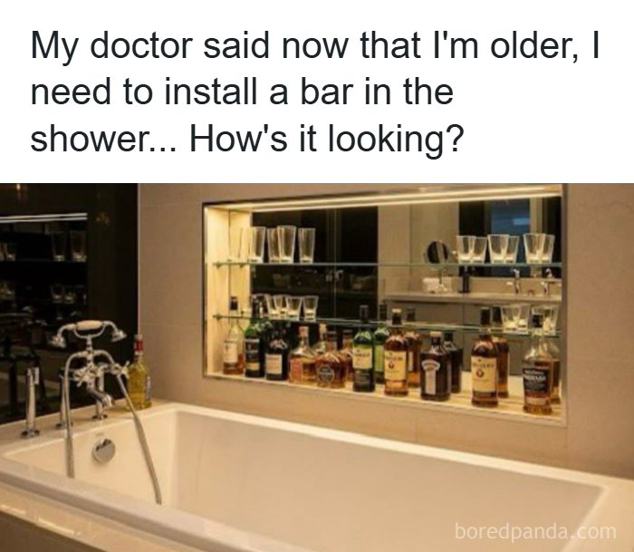 Dad jokes tweet about installing a bar in the shower with bottles and glasses displayed above a bathtub.