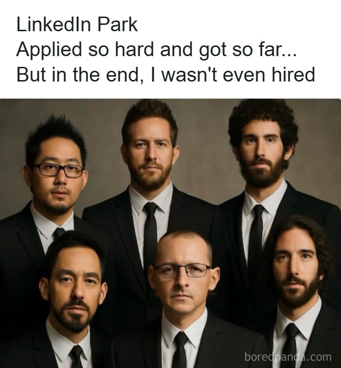 Group of six men in suits with serious expressions illustrating a funny dad joke about job rejection on LinkedIn.