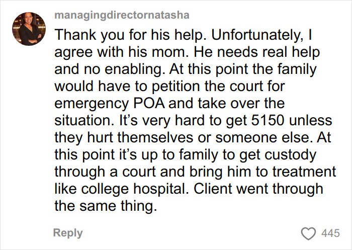 Comment discussing urgent family legal action and treatment for struggling Nickelodeon star’s motel stay situation.