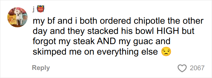 Tweet discussing a Chipotle order where the male-named bowl had more food than the female-named order.