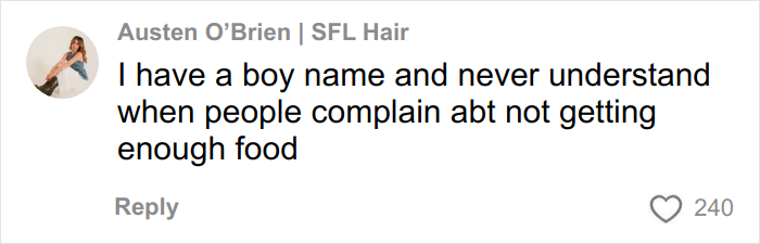 Social media comment discussing having a boy name and perceptions of receiving enough food at Chipotle.
