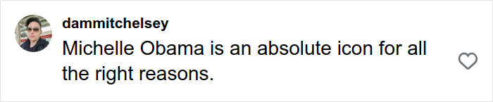 Comment from dammitchelsey stating Michelle Obama is an absolute icon, related to Michelle Obama and Trump Rob Reiner tragedy. Comment from dammitchelsey stating Michelle Obama is an absolute icon, related to Michelle Obama and Trump Rob Reiner tragedy.