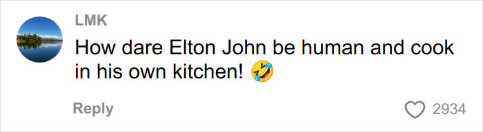 Screenshot of a social media comment where Elton John is mentioned in a discussion about his kitchen detail. Screenshot of a social media comment where Elton John is mentioned in a discussion about his kitchen detail.
