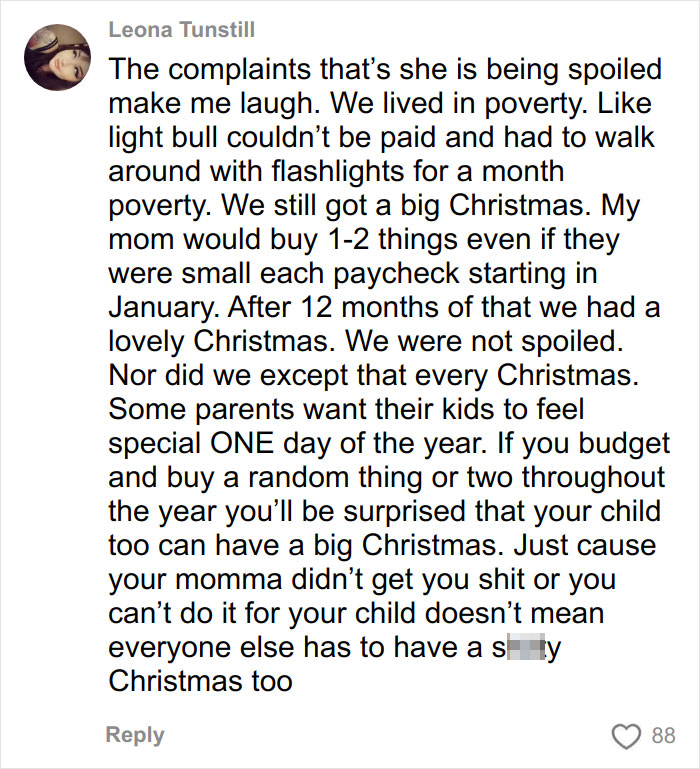 Comment discussing Christmas gift haul for daughter and parental budgeting strategies amid backlash online. Comment discussing Christmas gift haul for daughter and parental budgeting strategies amid backlash online.