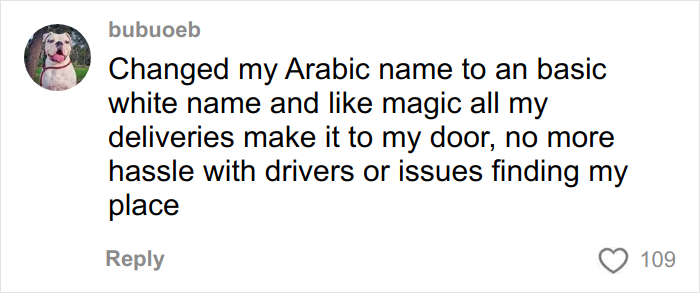 Social media comment discussing changing name to improve food delivery success and avoid issues with drivers.