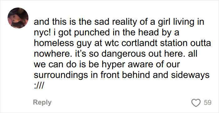 Screenshot of a social media comment describing danger in NYC related to the friend of NYU shove victim and viral video exposure.