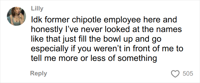 Alt text: Comment from former Chipotle employee addressing claims about food portions in orders under male names.