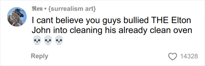 Comment criticizing fans for trolling Elton John over a random kitchen detail, highlighting fan interaction online.