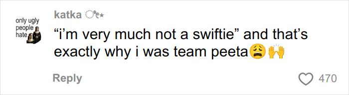 Screenshot of an online comment debating Josh Hutcherson’s snarky comment about Taylor Swift with emojis and 470 likes. Screenshot of an online comment debating Josh Hutcherson’s snarky comment about Taylor Swift with emojis and 470 likes.
