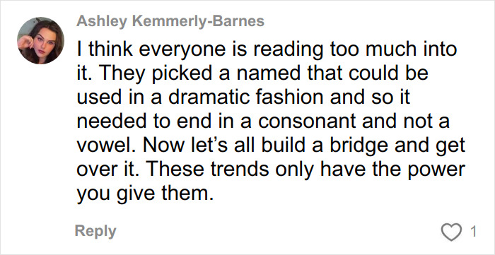 Comment by Ashley Kemmerly-Barnes discussing new name trends for rude millennial women and Gen Z's influence on the Karen era. Comment by Ashley Kemmerly-Barnes discussing new name trends for rude millennial women and Gen Z's influence on the Karen era.