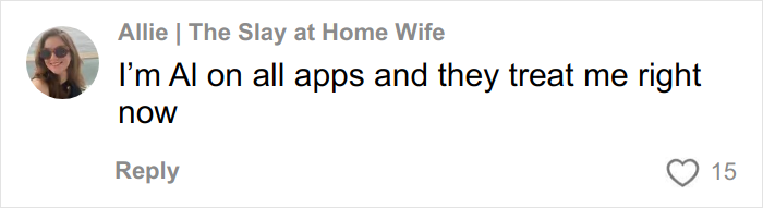 Comment from user Allie discussing how AI treats her well on all apps currently, related to Chipotle order test.