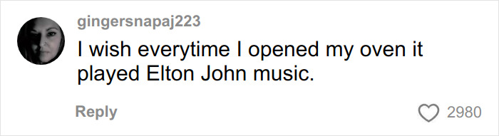 Comment from user gingersnapaj223 wishing Elton John&rsquo;s oven played his music, related to trolling over kitchen detail.